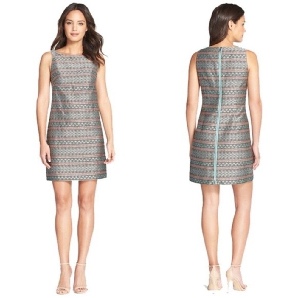 Adrianna Papell Jacquard Textured Beaded Embroidered Shift Dress Sz 8P Petite